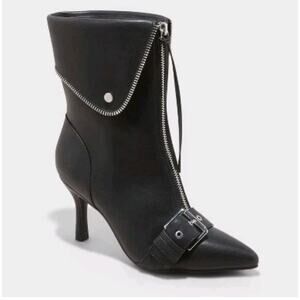 Mickey Point Toe Fold-Over Moto Ankle Boot Black Silver Stiletto Sz 7, 7.5, 8‎